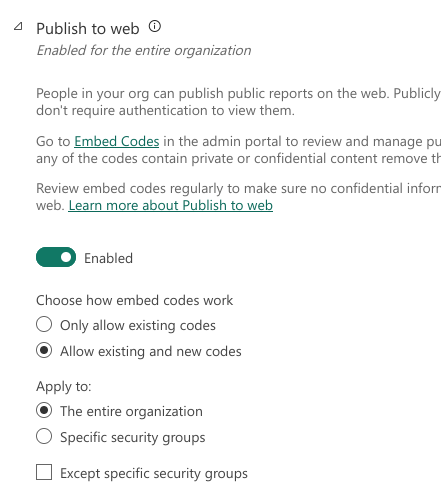 Power BI Publish to a Website Enabled